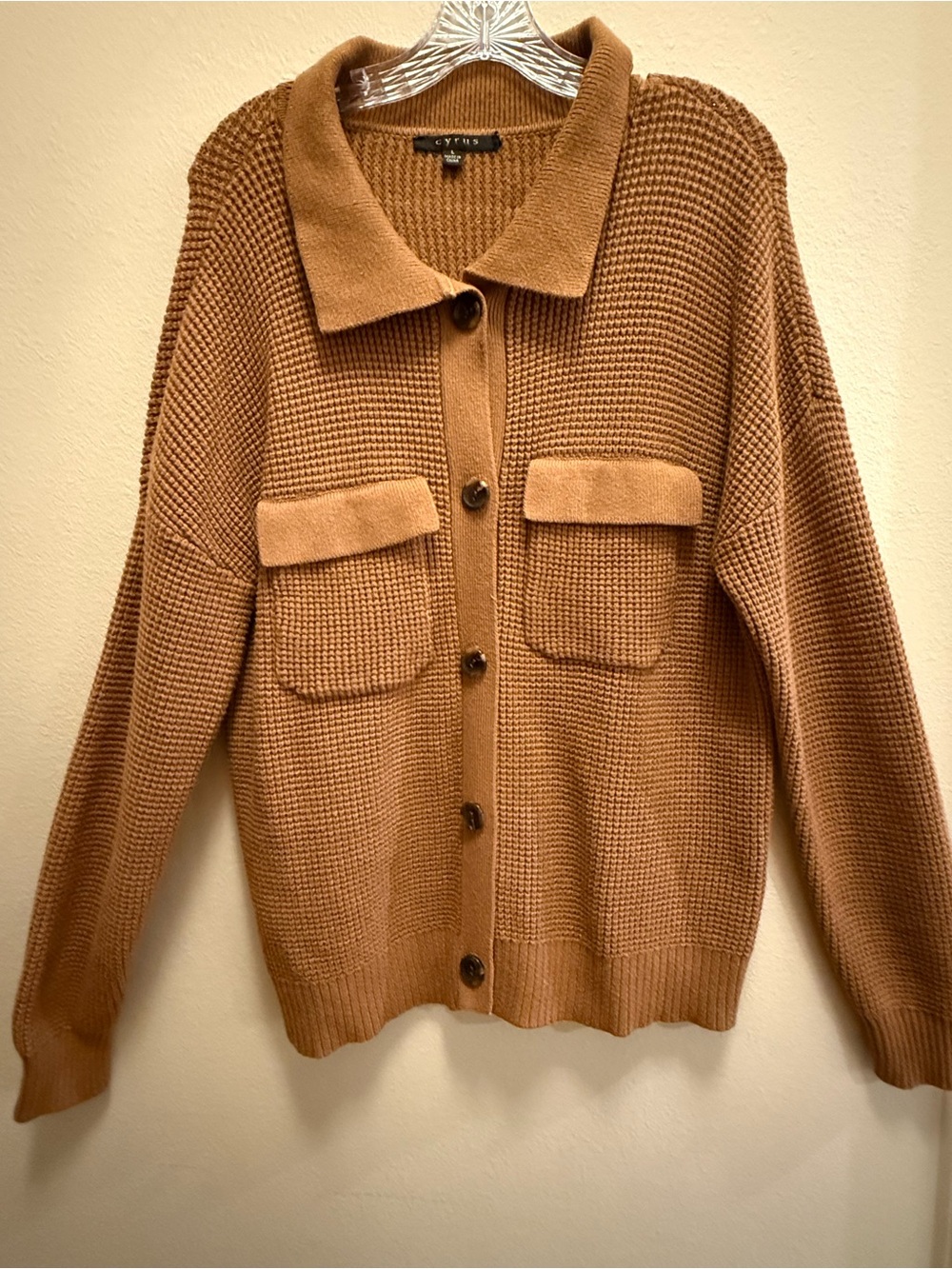 Cyrus Camel Waffle Knit Button Up Cardigan Shacket Women’s Size Large Oversized